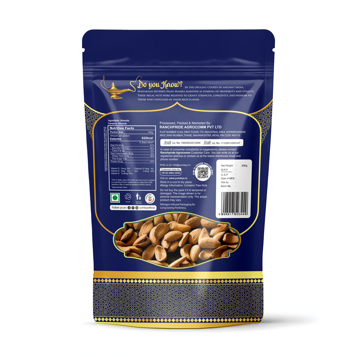 Yumleys Premium Shahi Mamra Almonds 200g β Natural Badam | Protein-Rich Superfood for Brain & Heart | Natural Dry Fruit | High Protein