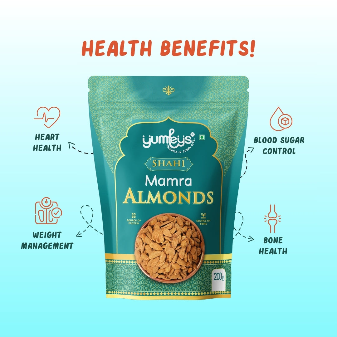 Yumleys Premium Shahi Mamra Almonds 200g – Natural Badam | Protein-Rich Superfood for Brain & Heart | Natural Dry Fruit | High Protein