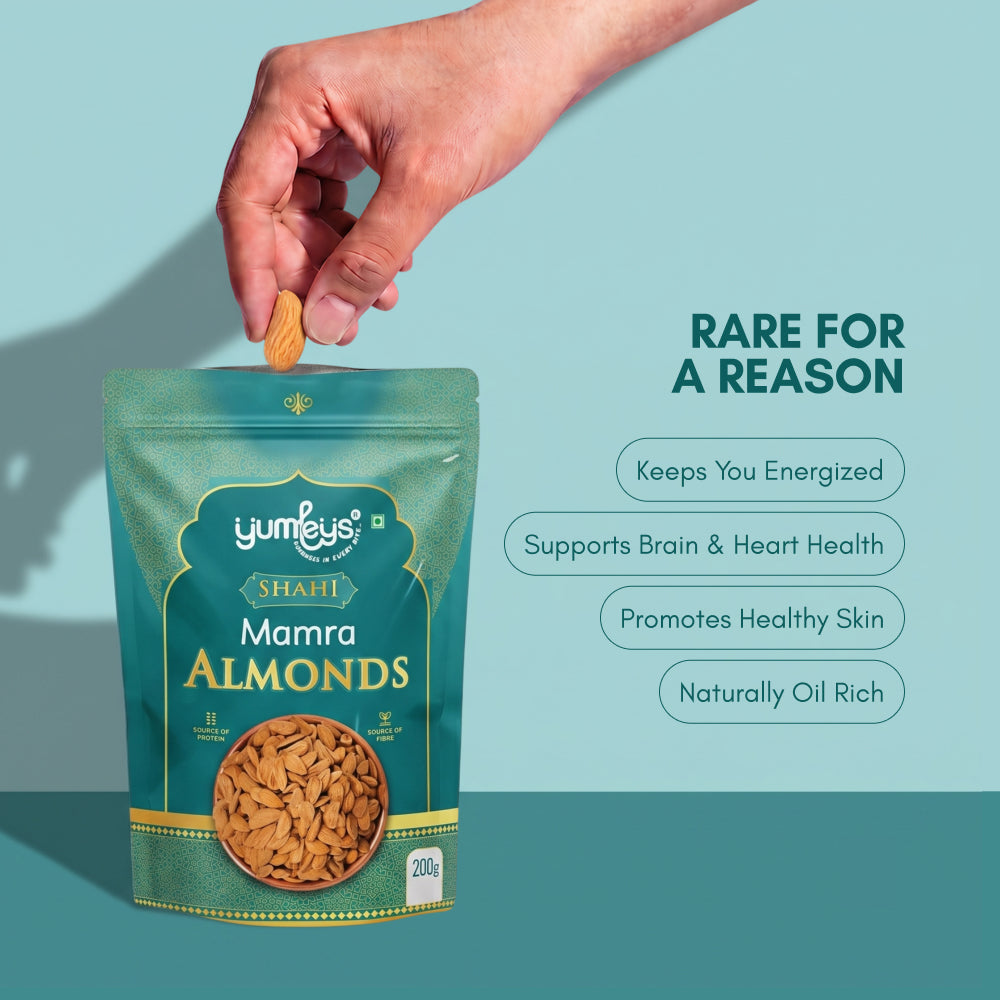 Yumleys Premium Shahi Mamra Almonds 200g – Natural Badam | Protein-Rich Superfood for Brain & Heart | Natural Dry Fruit | High Protein