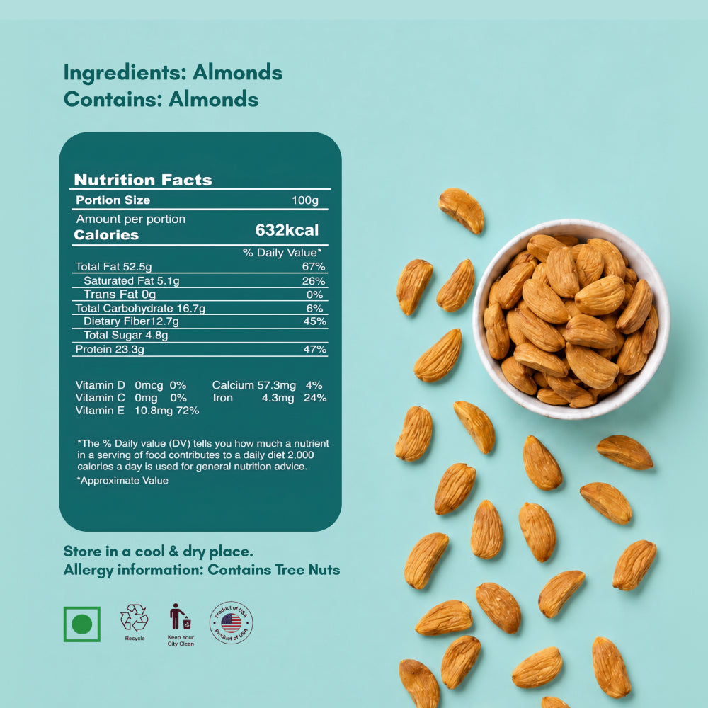 Yumleys Premium Shahi Mamra Almonds 200g – Natural Badam | Protein-Rich Superfood for Brain & Heart | Natural Dry Fruit | High Protein